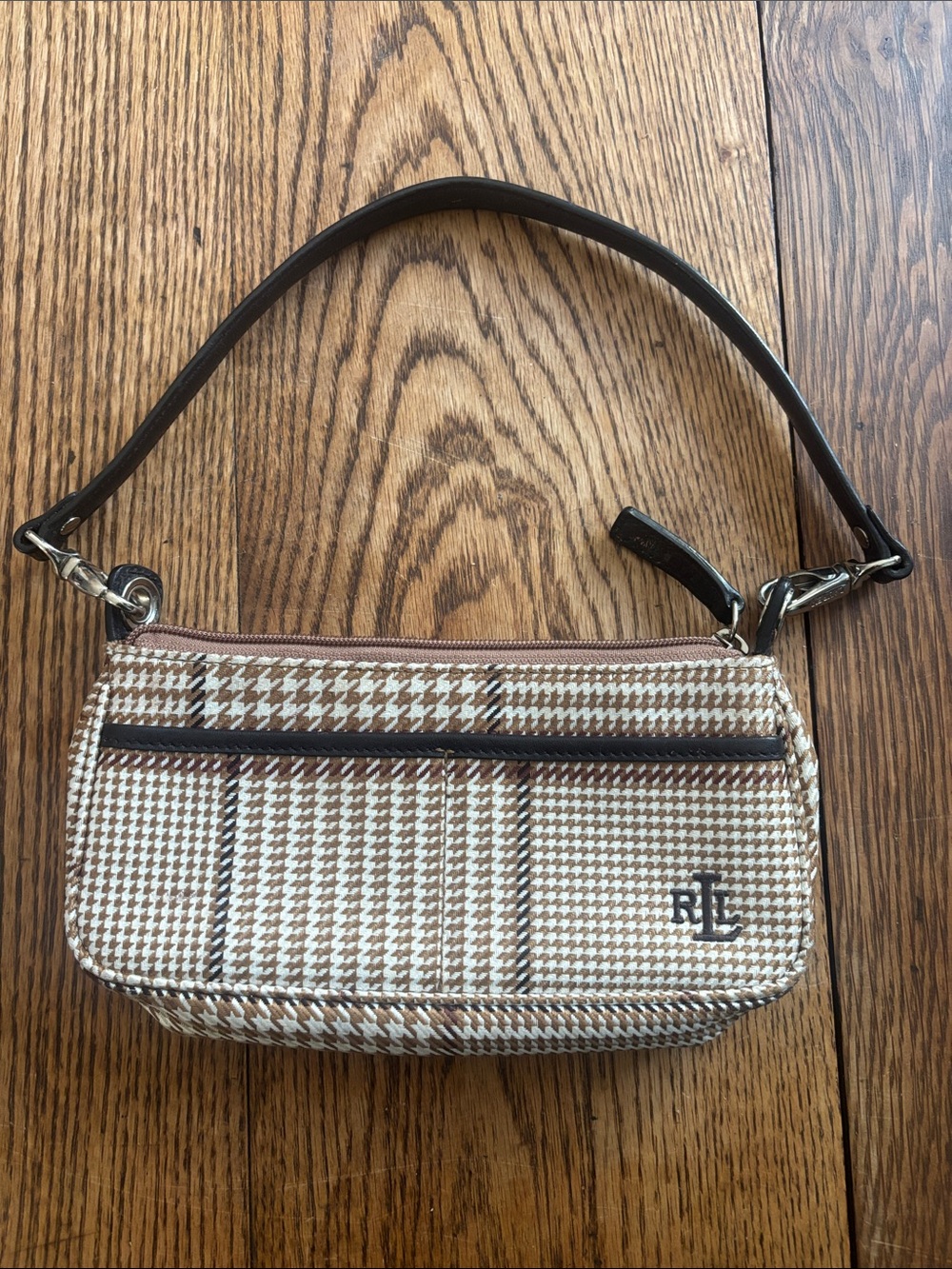 Ralph Lauren Beige Houndstooth Mini Shoulder Bag with Dark Brown Trim
